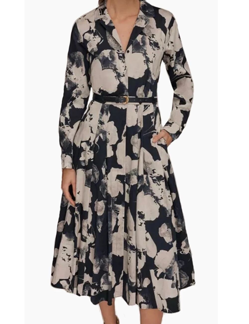 Donna Karan Floral Midi Shirt Dress 14 Long Sleeve Belted Blue White